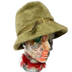 Vintage Kangol Olive Green Angora Blend Fuzzy Bucket Hat Made in England